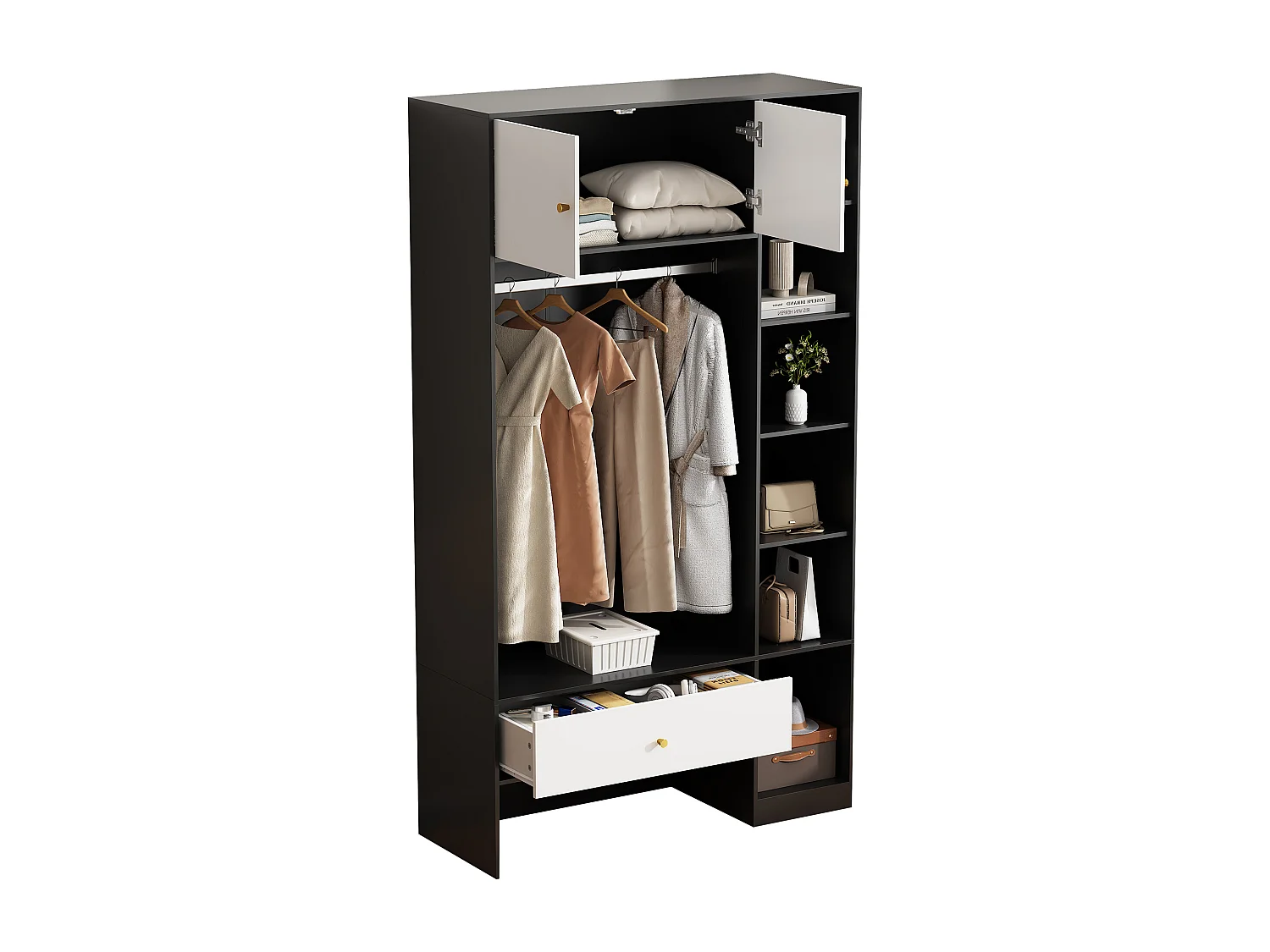 Kompakter Garderobenschrank – 105 x 40 x 185 cm – mit 2 Türen, 6 Fächern, Kleiderstange und Schublade – Spanplatte – weiß und schwarz