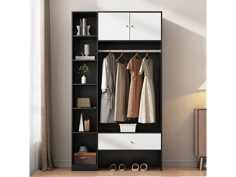 Kompakter Garderobenschrank – 105 x 40 x 185 cm – mit 2 Türen, 6 Fächern, Kleiderstange und Schublade – Spanplatte – weiß und schwarz