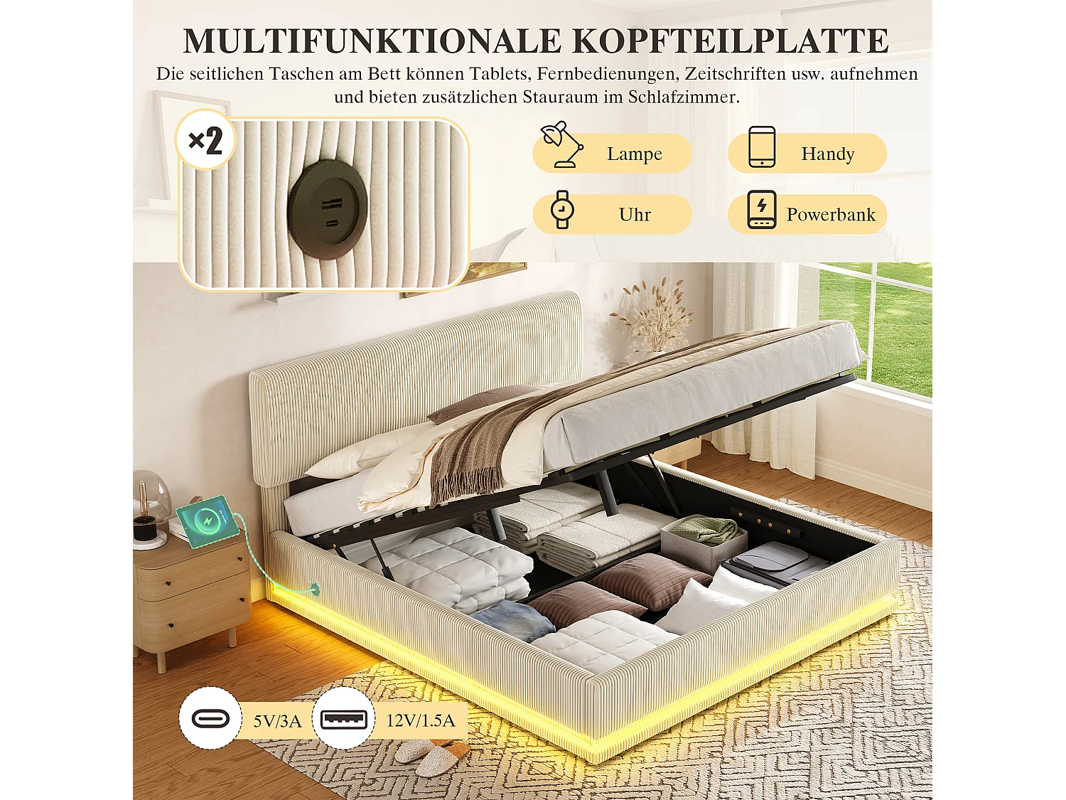 Lit coffre hydraulique capitonné - 160 x 200 cm - avec Leds + USB + tête de lit réglable - velours - beige