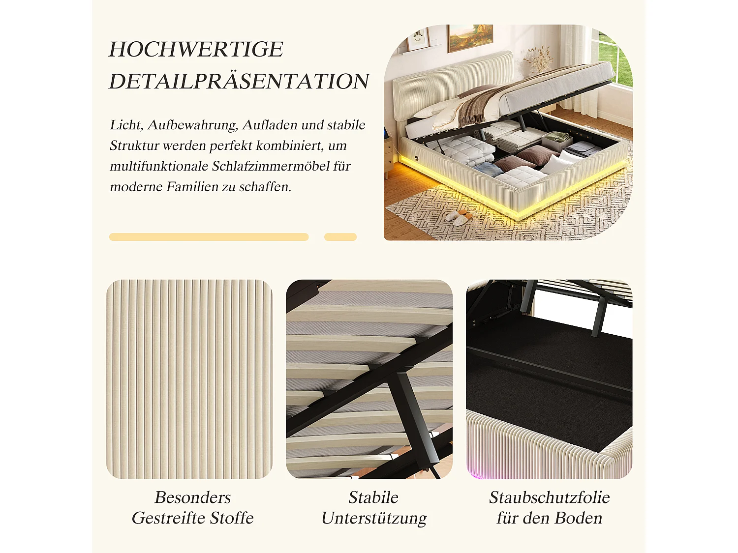 Lit coffre hydraulique capitonné - 160 x 200 cm - avec Leds + USB + tête de lit réglable - velours - beige