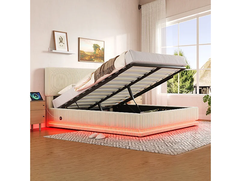 Gepolstertes hydraulisches Stauraumbett – 160 x 200 cm – mit LED-Beleuchtung, USB-Anschluss und verstellbarem Kopfteil – Samt – beige