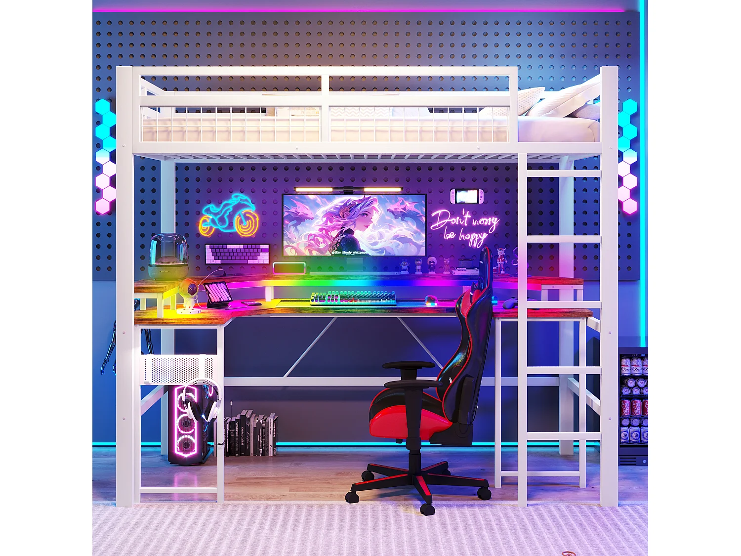 Lit mezzanine pour enfant - 90 x 200 cm - structure en fer - avec Leds + bureau + USB + prise - métal - blanc