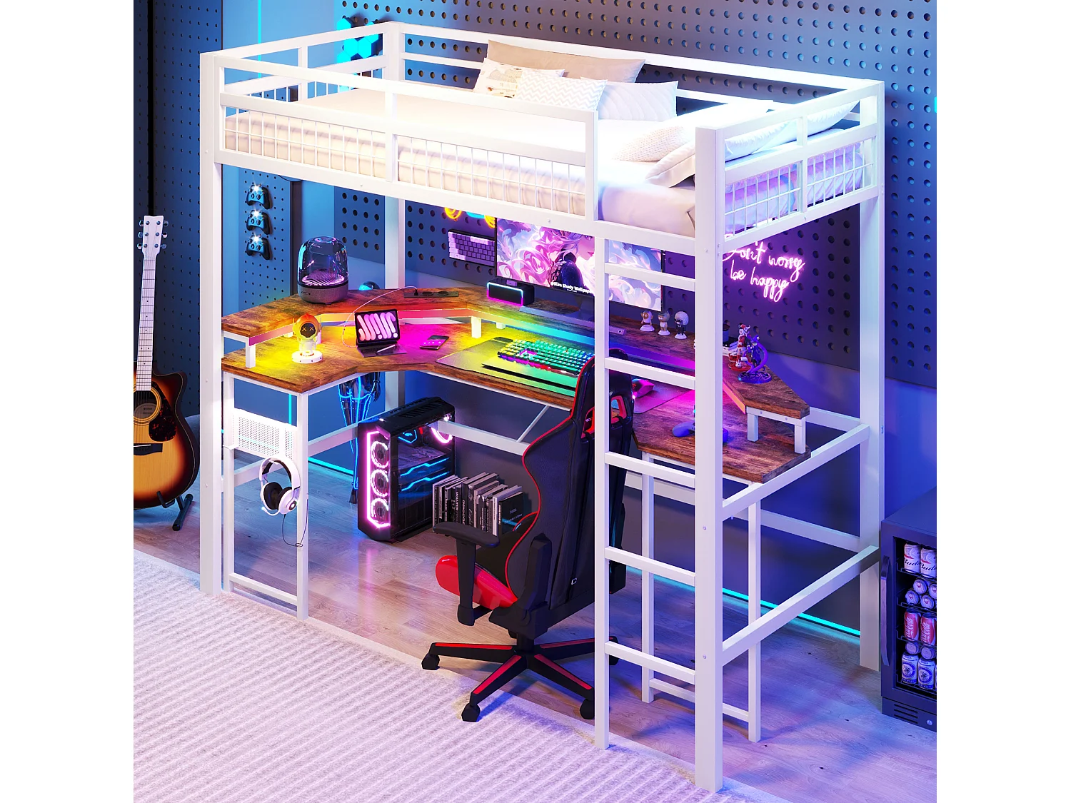 Lit mezzanine pour enfant - 90 x 200 cm - structure en fer - avec Leds + bureau + USB + prise - métal - blanc