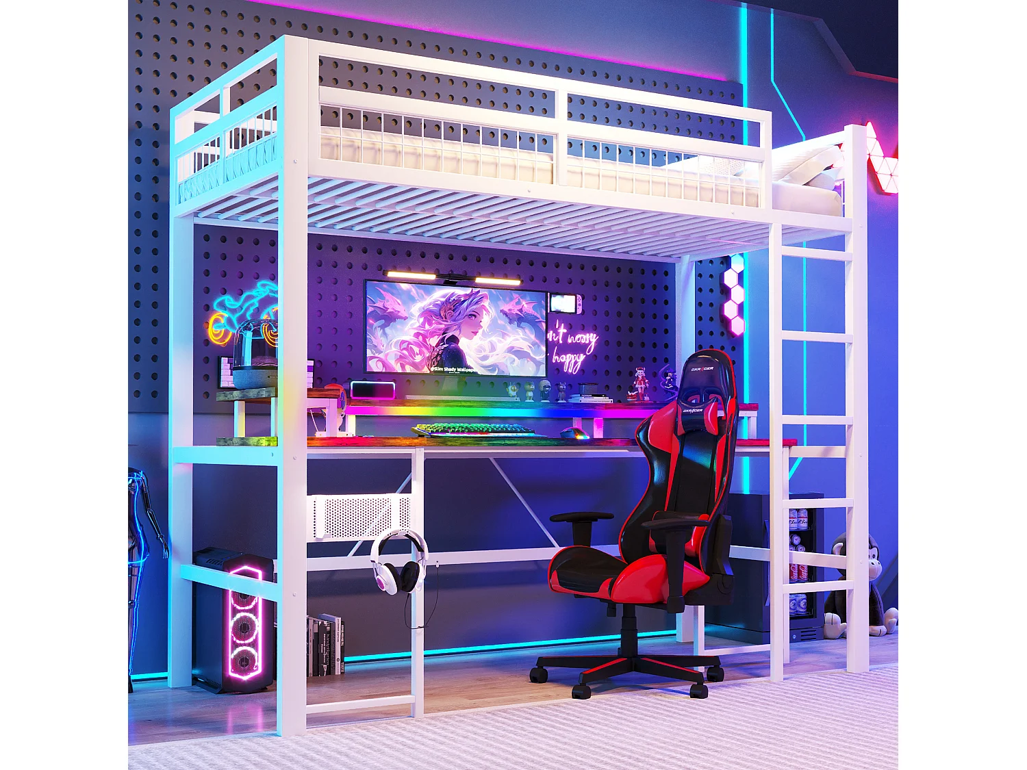 Lit mezzanine pour enfant - 90 x 200 cm - structure en fer - avec Leds + bureau + USB + prise - métal - blanc