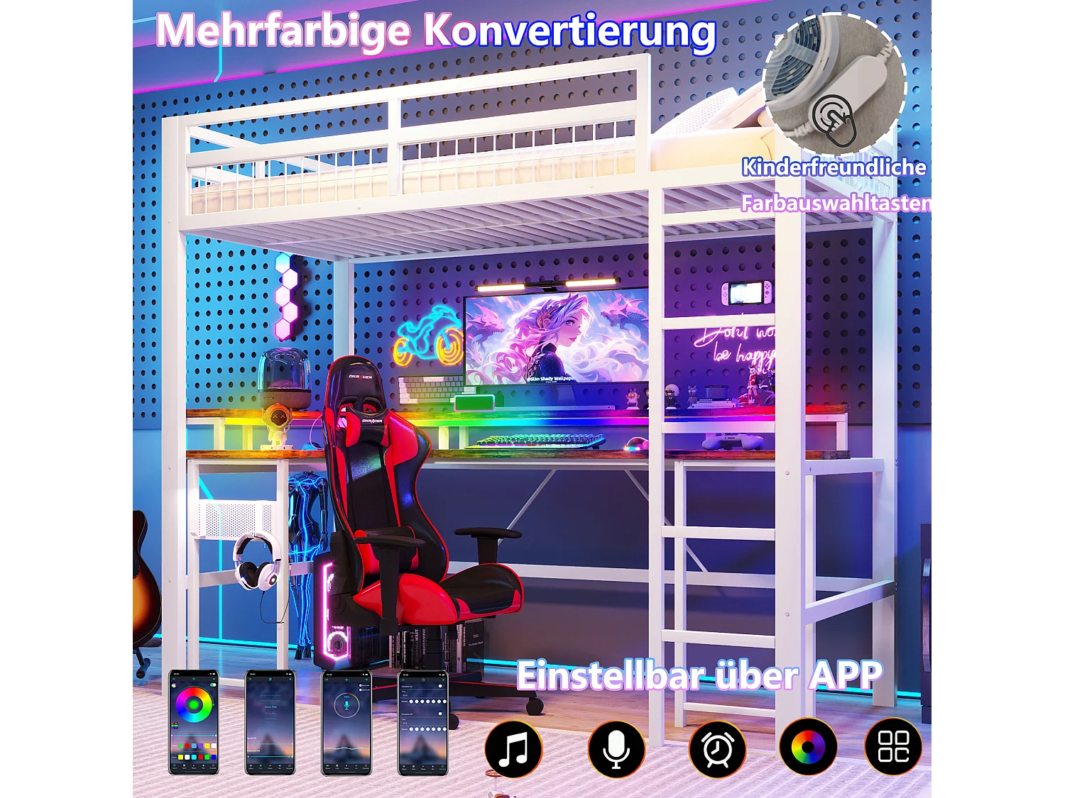 Lit mezzanine pour enfant - 90 x 200 cm - structure en fer - avec Leds + bureau + USB + prise - métal - blanc