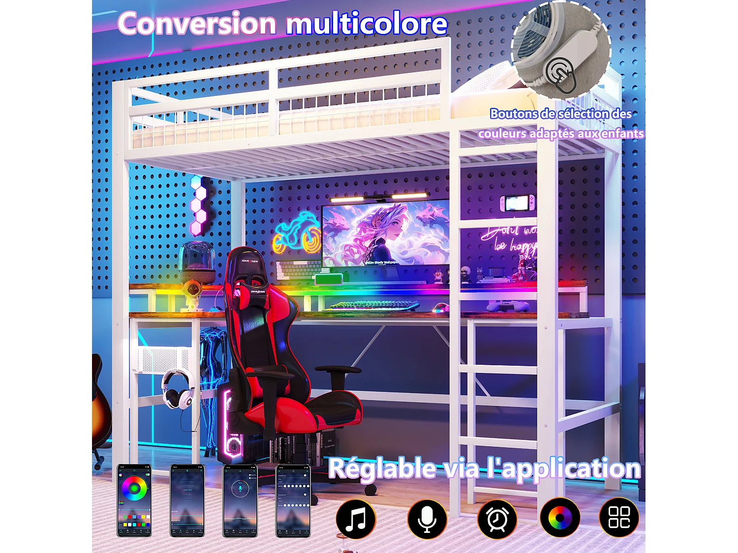 Lit mezzanine pour enfant - 90 x 200 cm - structure en fer - avec Leds + bureau + USB + prise - métal - blanc