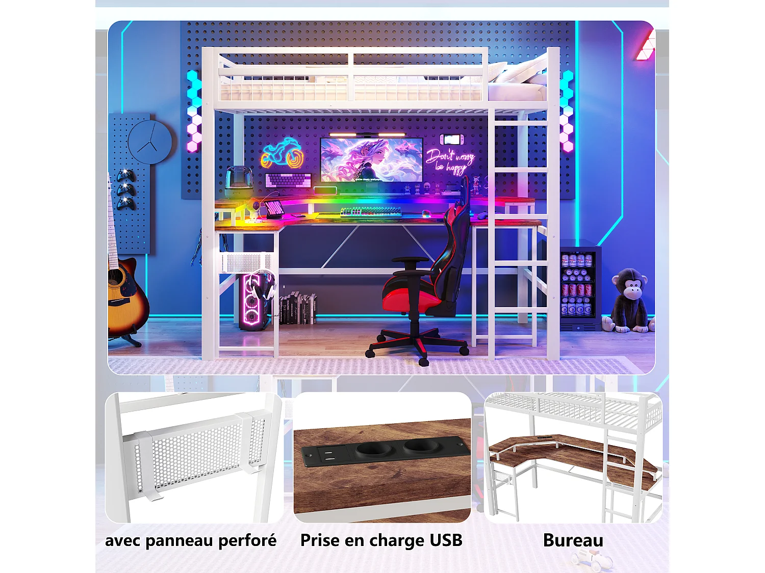 Lit mezzanine pour enfant - 90 x 200 cm - structure en fer - avec Leds + bureau + USB + prise - métal - blanc