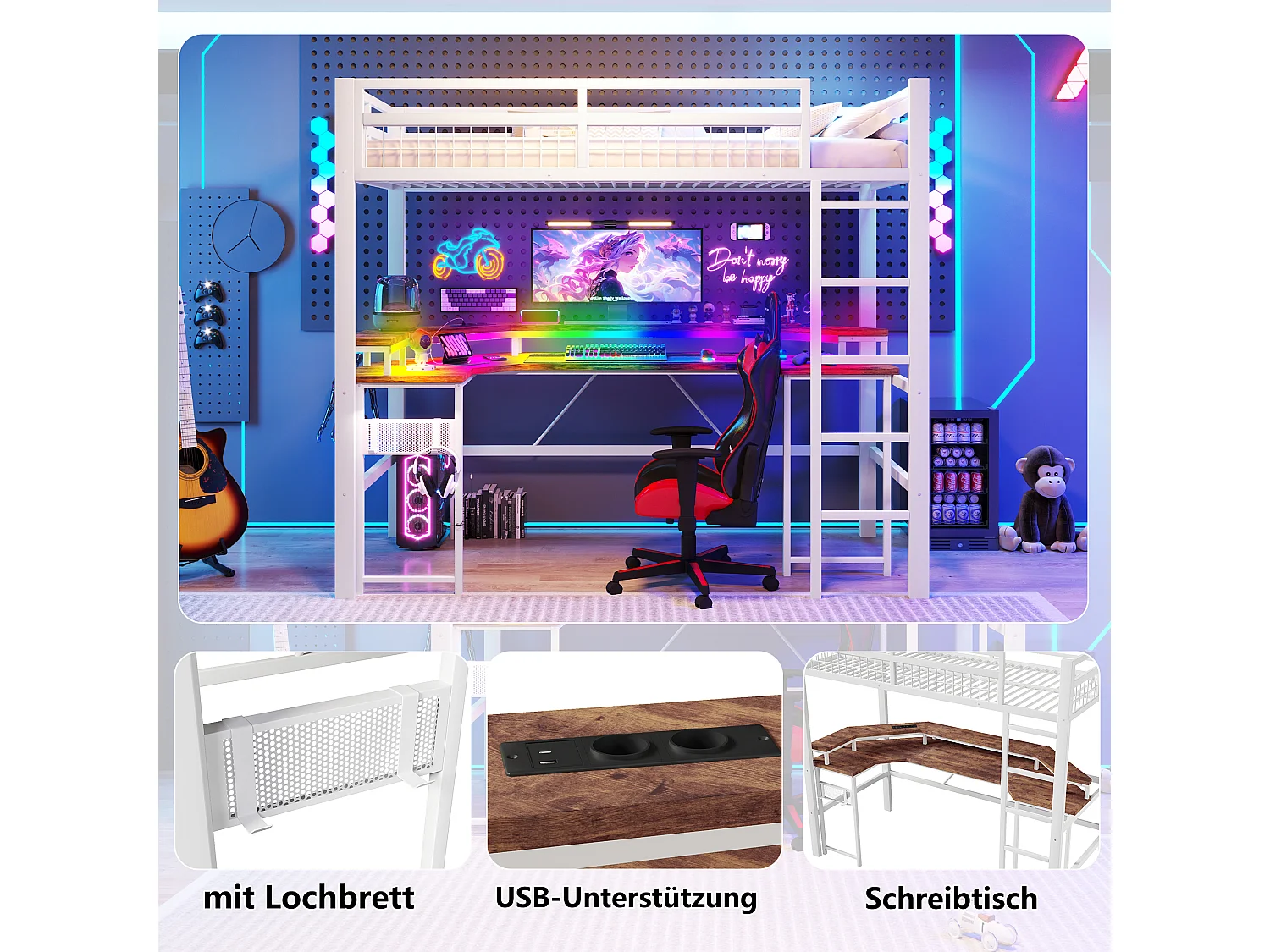 Lit mezzanine pour enfant - 90 x 200 cm - structure en fer - avec Leds + bureau + USB + prise - métal - blanc