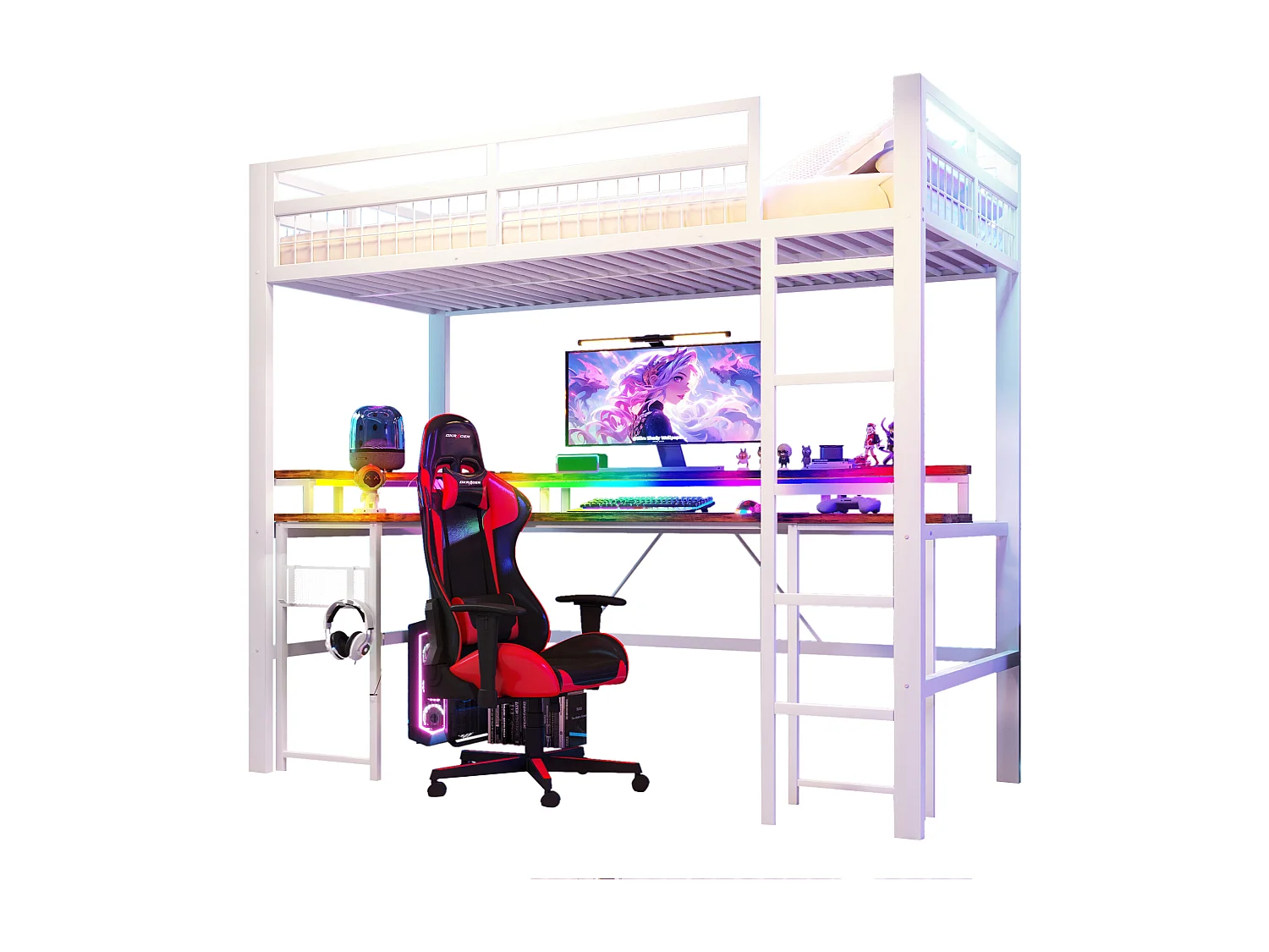 Lit mezzanine pour enfant - 90 x 200 cm - structure en fer - avec Leds + bureau + USB + prise - métal - blanc