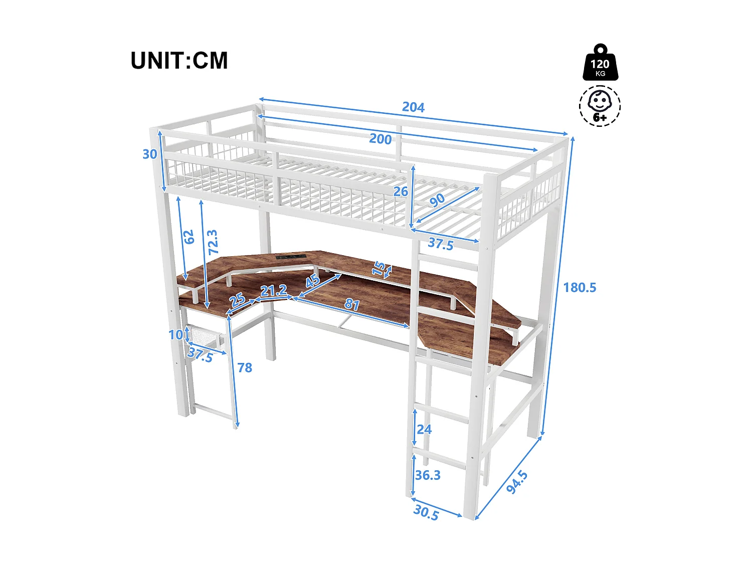 Lit mezzanine pour enfant - 90 x 200 cm - structure en fer - avec Leds + bureau + USB + prise - métal - blanc