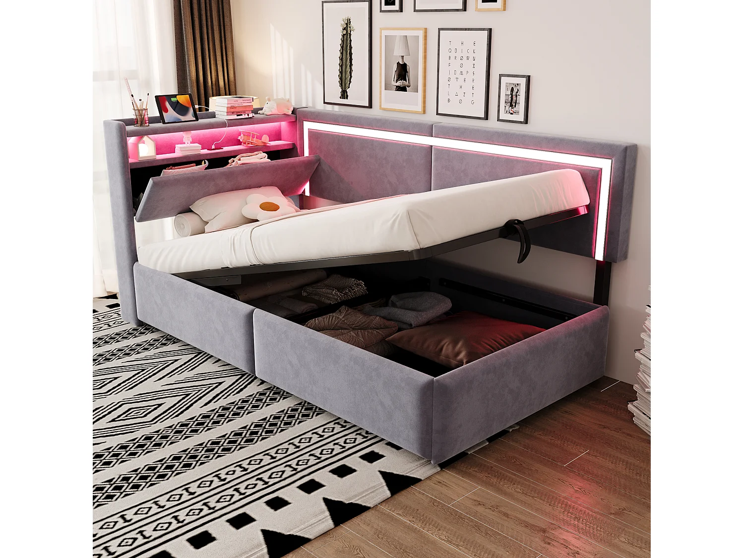 Łóżko dziecięce z pojemnikiem - 90 x 200 cm - z diodami LED + USB + otwierany zagłówek + hydrauliczny schowek - welur - jasnoszary