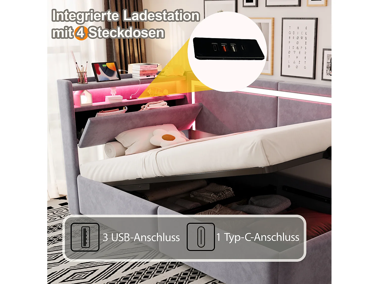 Łóżko dziecięce z pojemnikiem - 90 x 200 cm - z diodami LED + USB + otwierany zagłówek + hydrauliczny schowek - welur - jasnoszary