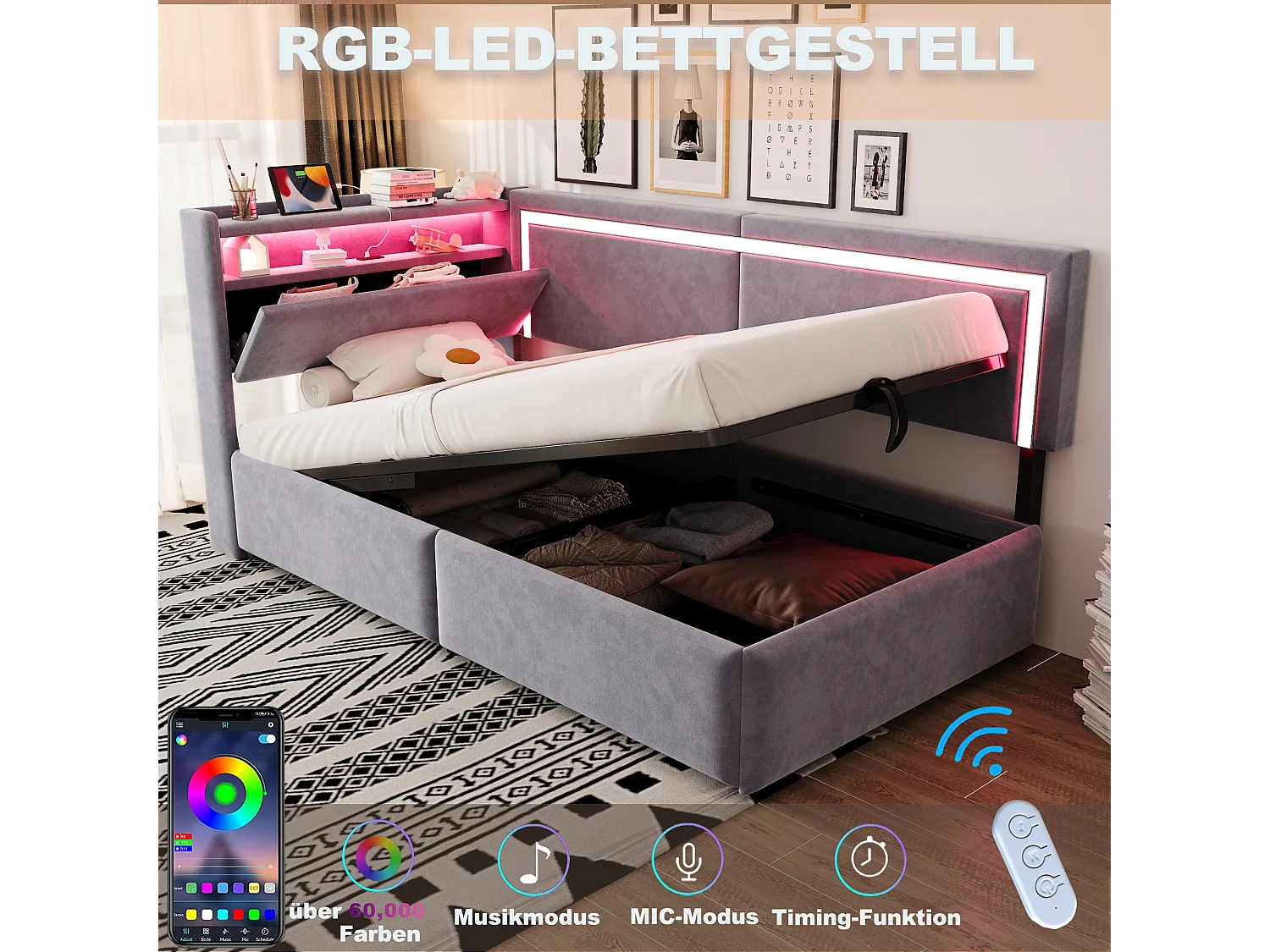 Łóżko dziecięce z pojemnikiem - 90 x 200 cm - z diodami LED + USB + otwierany zagłówek + hydrauliczny schowek - welur - jasnoszary