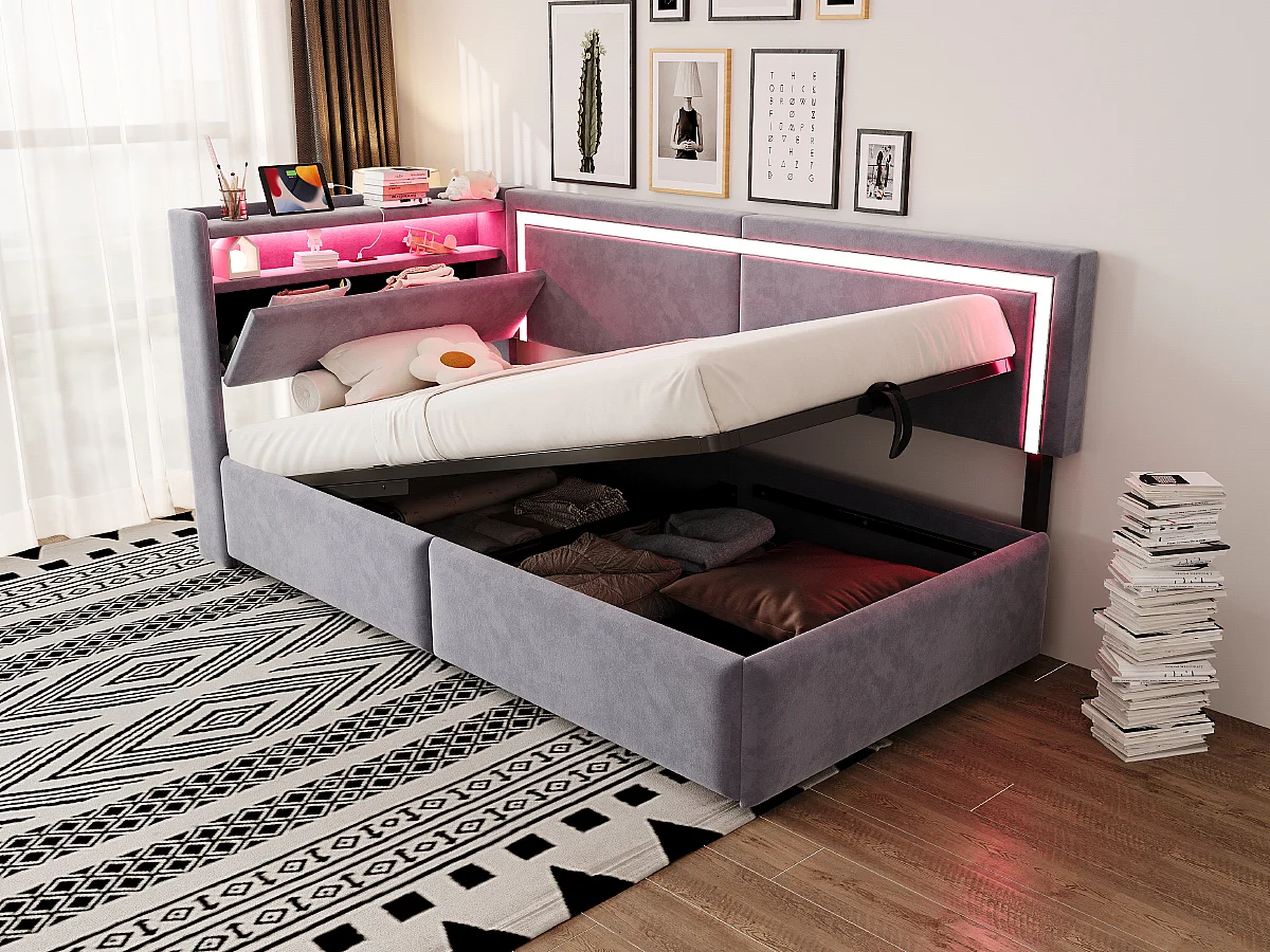 Łóżko dziecięce z pojemnikiem - 90 x 200 cm - z diodami LED + USB + otwierany zagłówek + hydrauliczny schowek - welur - jasnoszary