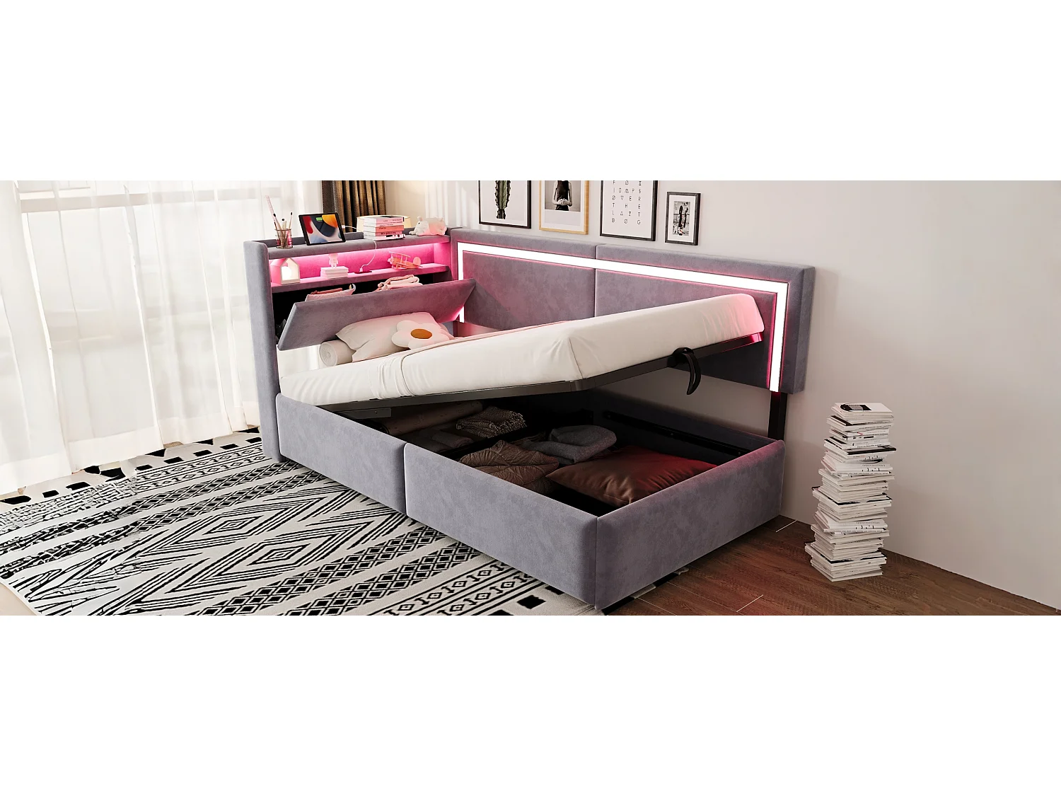 Łóżko dziecięce z pojemnikiem - 90 x 200 cm - z diodami LED + USB + otwierany zagłówek + hydrauliczny schowek - welur - jasnoszary
