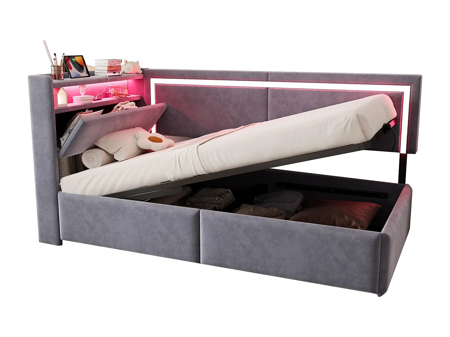 Łóżko dziecięce z pojemnikiem - 90 x 200 cm - z diodami LED + USB + otwierany zagłówek + hydrauliczny schowek - welur - jasnoszary