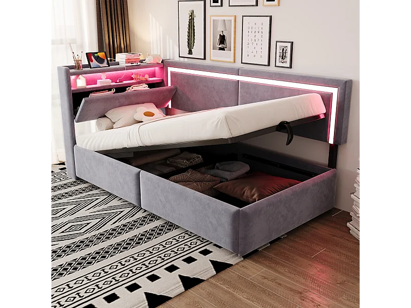 Kinderbett mit Stauraum – 90 x 200 cm – mit LEDs, USB-Anschluss, aufklappbarem Kopfteil und hydraulischem Stauraum – Samt – hellgrau