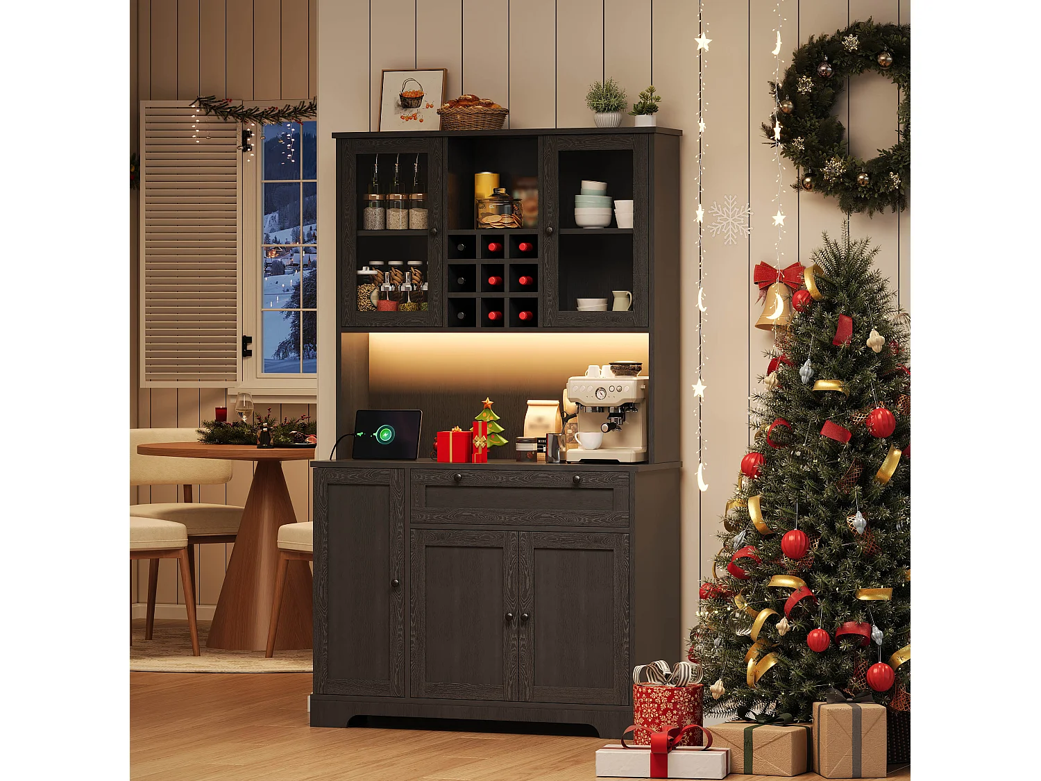 Wysoka komoda kuchenna - 105 x 40 x 180 cm - z szufladą + 5 drzwi + półki + diody LED + gniazdka - MDF - czarna