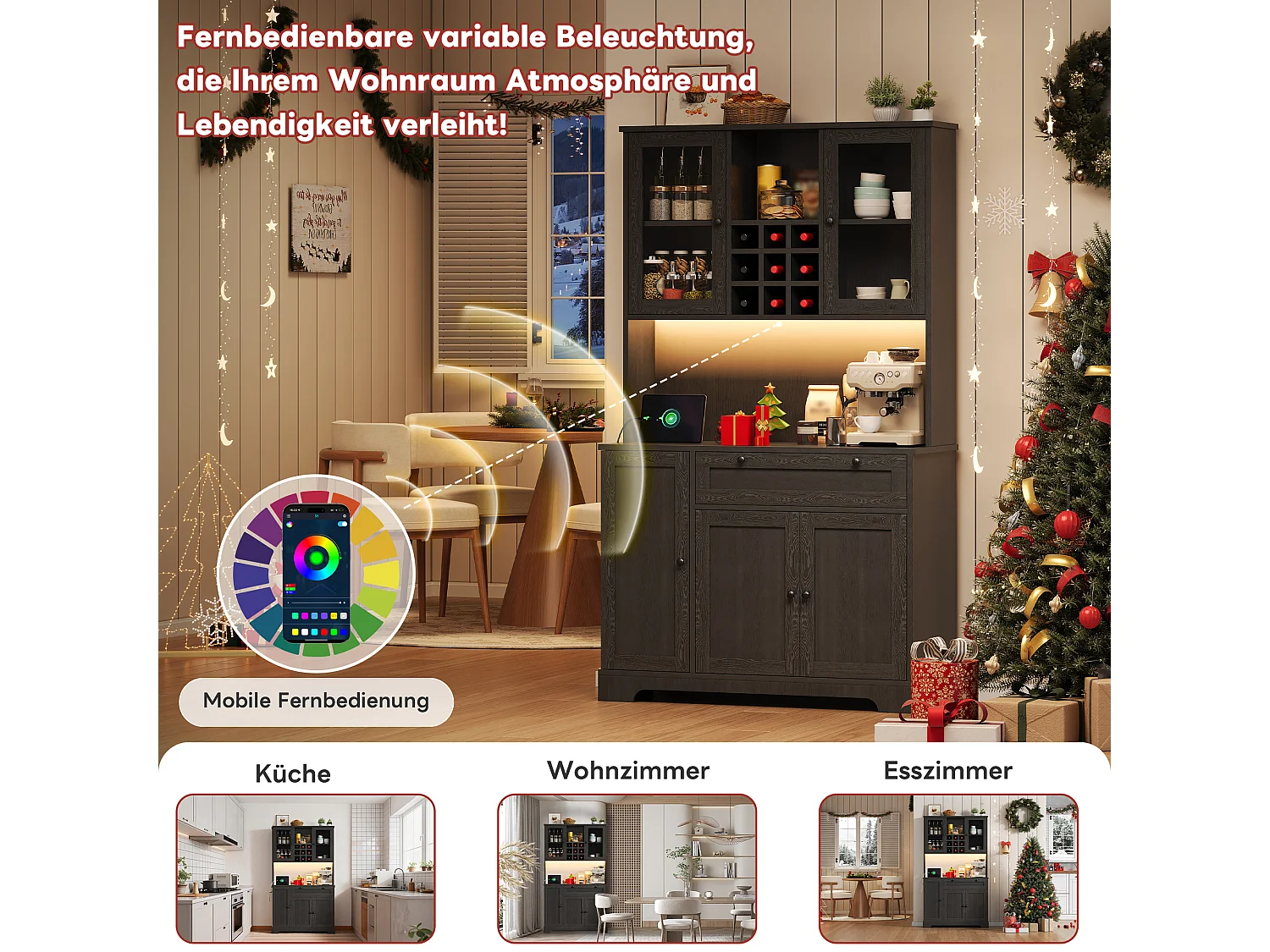 Wysoka komoda kuchenna - 105 x 40 x 180 cm - z szufladą + 5 drzwi + półki + diody LED + gniazdka - MDF - czarna