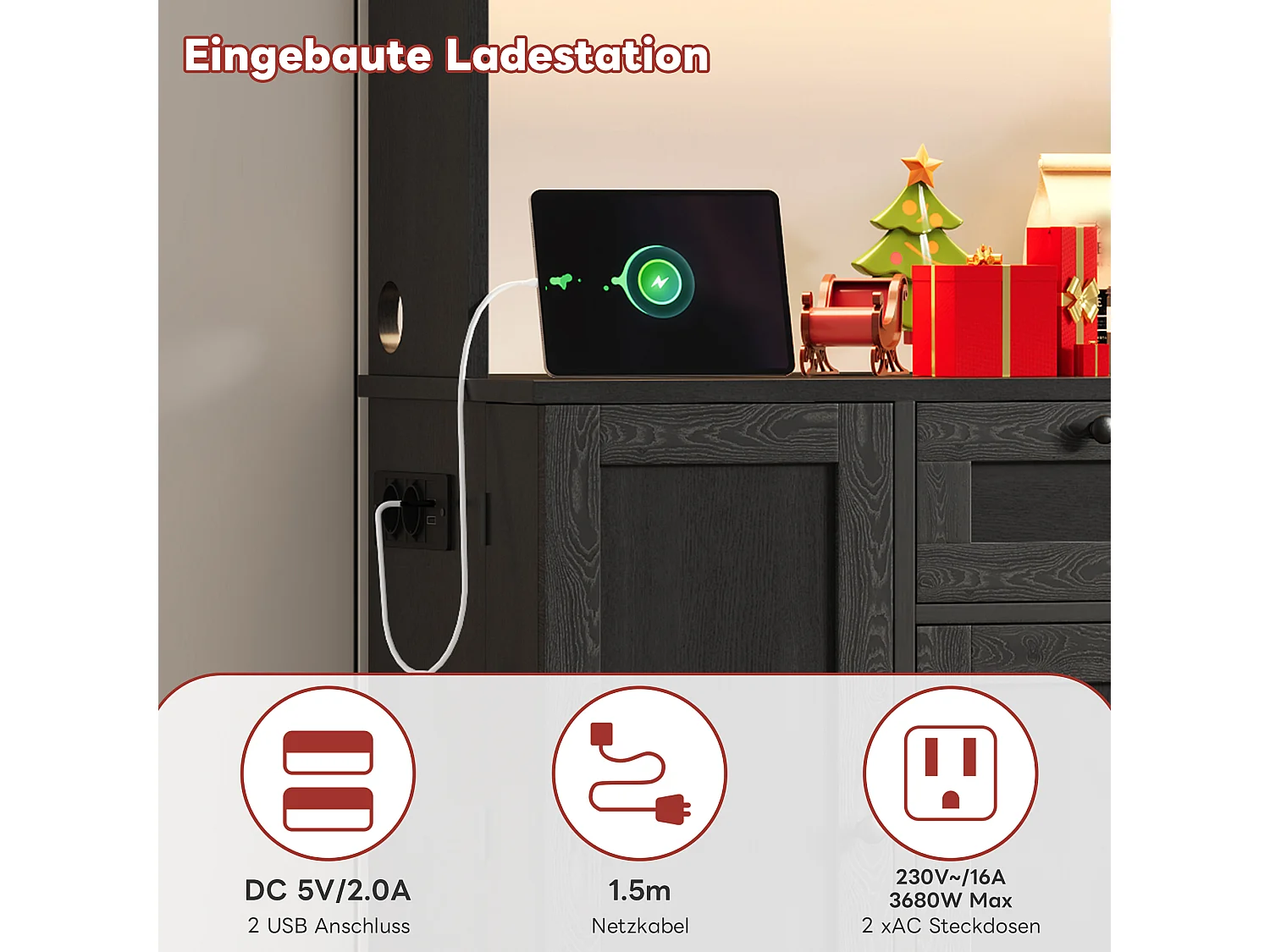 Wysoka komoda kuchenna - 105 x 40 x 180 cm - z szufladą + 5 drzwi + półki + diody LED + gniazdka - MDF - czarna