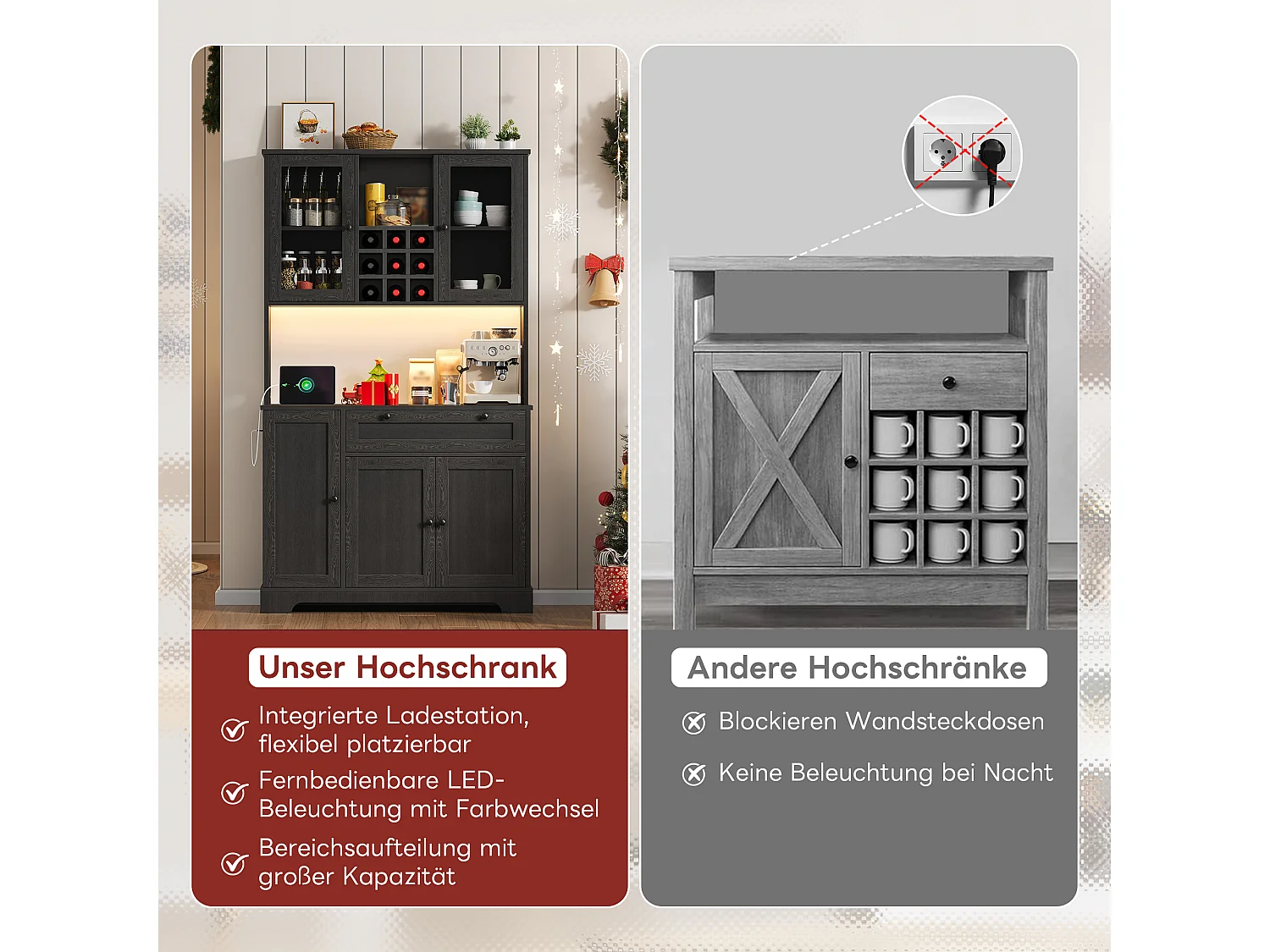 Wysoka komoda kuchenna - 105 x 40 x 180 cm - z szufladą + 5 drzwi + półki + diody LED + gniazdka - MDF - czarna