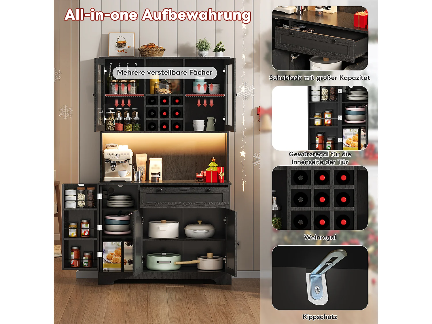 Wysoka komoda kuchenna - 105 x 40 x 180 cm - z szufladą + 5 drzwi + półki + diody LED + gniazdka - MDF - czarna