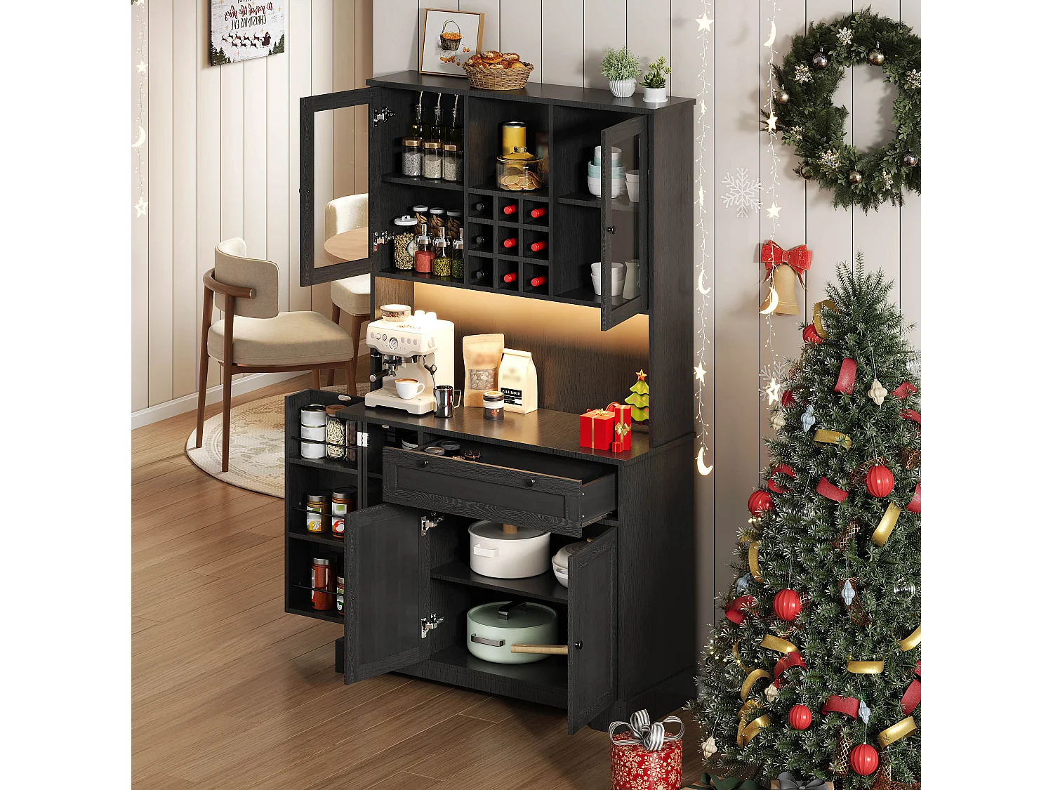 Wysoka komoda kuchenna - 105 x 40 x 180 cm - z szufladą + 5 drzwi + półki + diody LED + gniazdka - MDF - czarna