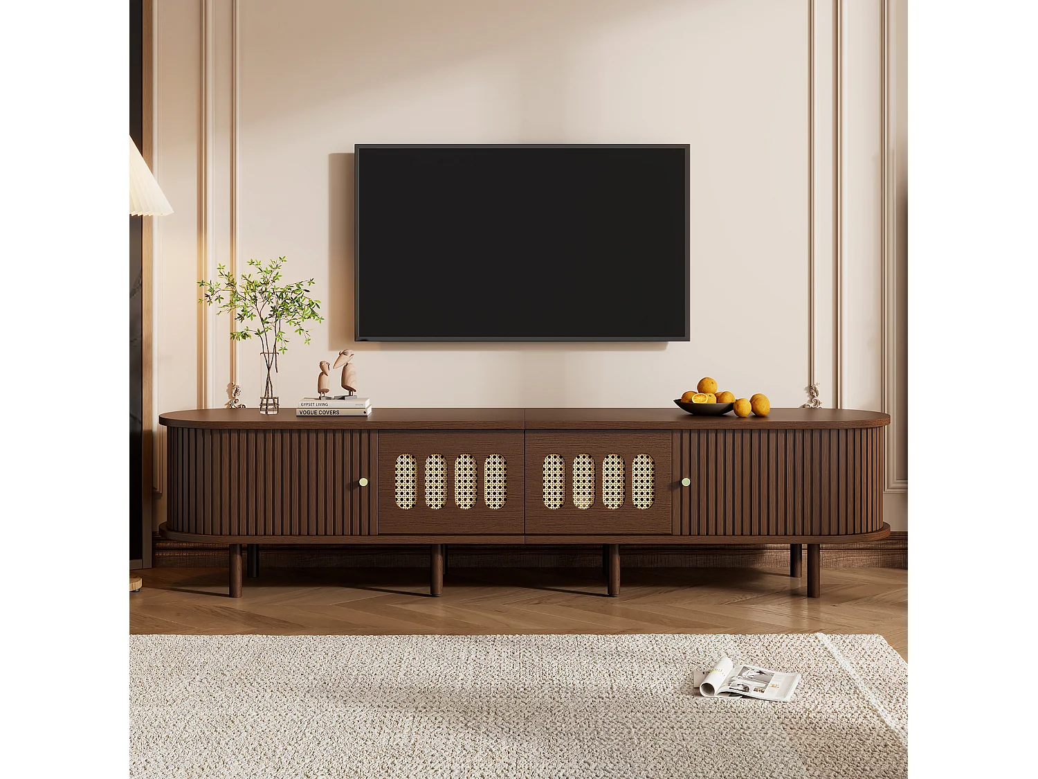 TV-Ständer aus dunklem Walnussholz – 180 x 40 x 40 cm – Rattan-Design – mit Tür und 2 Schubladen – MDF – braun