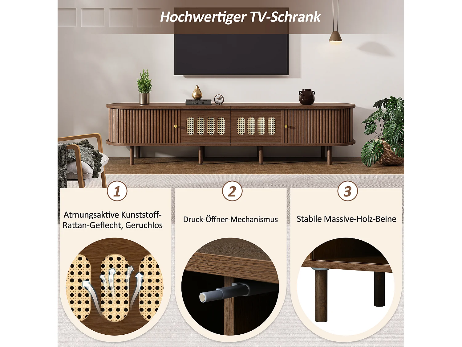 TV-Ständer aus dunklem Walnussholz – 180 x 40 x 40 cm – Rattan-Design – mit Tür und 2 Schubladen – MDF – braun