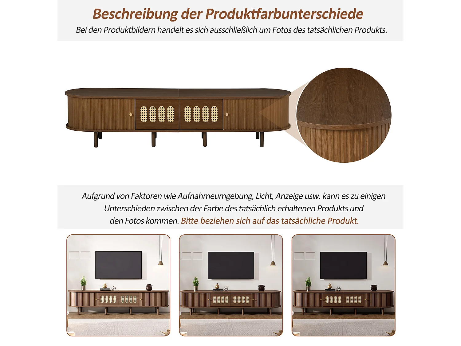 TV-Ständer aus dunklem Walnussholz – 180 x 40 x 40 cm – Rattan-Design – mit Tür und 2 Schubladen – MDF – braun