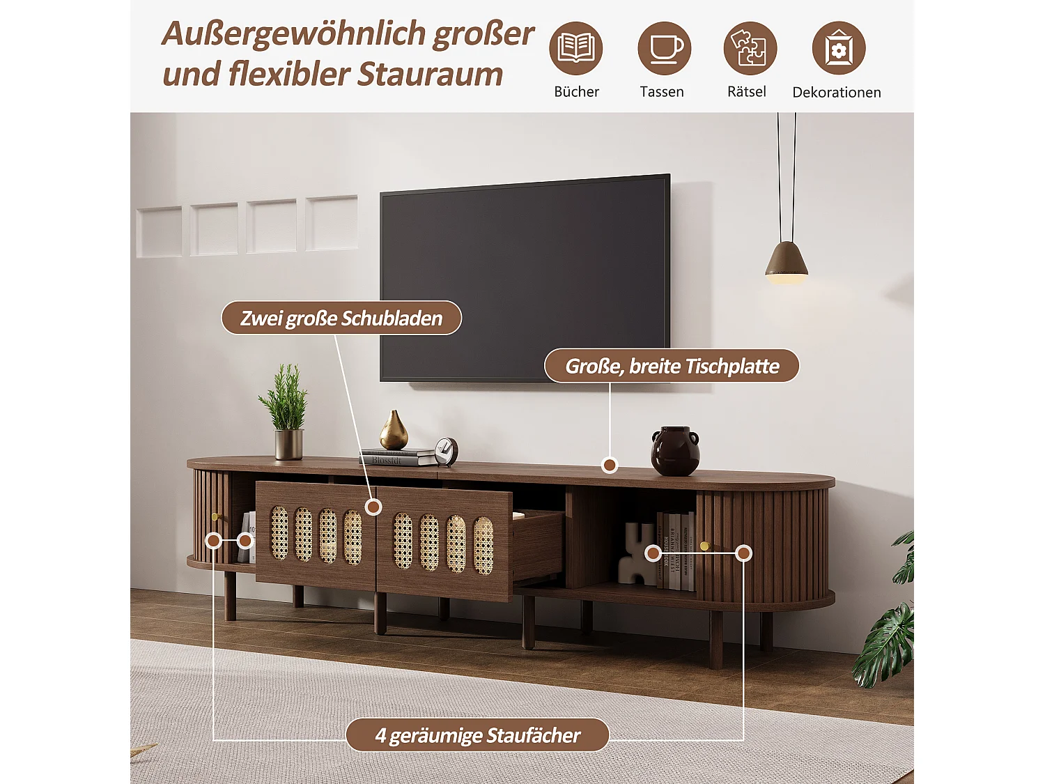 TV-Ständer aus dunklem Walnussholz – 180 x 40 x 40 cm – Rattan-Design – mit Tür und 2 Schubladen – MDF – braun