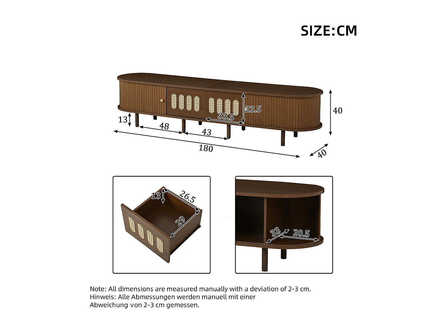 TV-Ständer aus dunklem Walnussholz – 180 x 40 x 40 cm – Rattan-Design – mit Tür und 2 Schubladen – MDF – braun