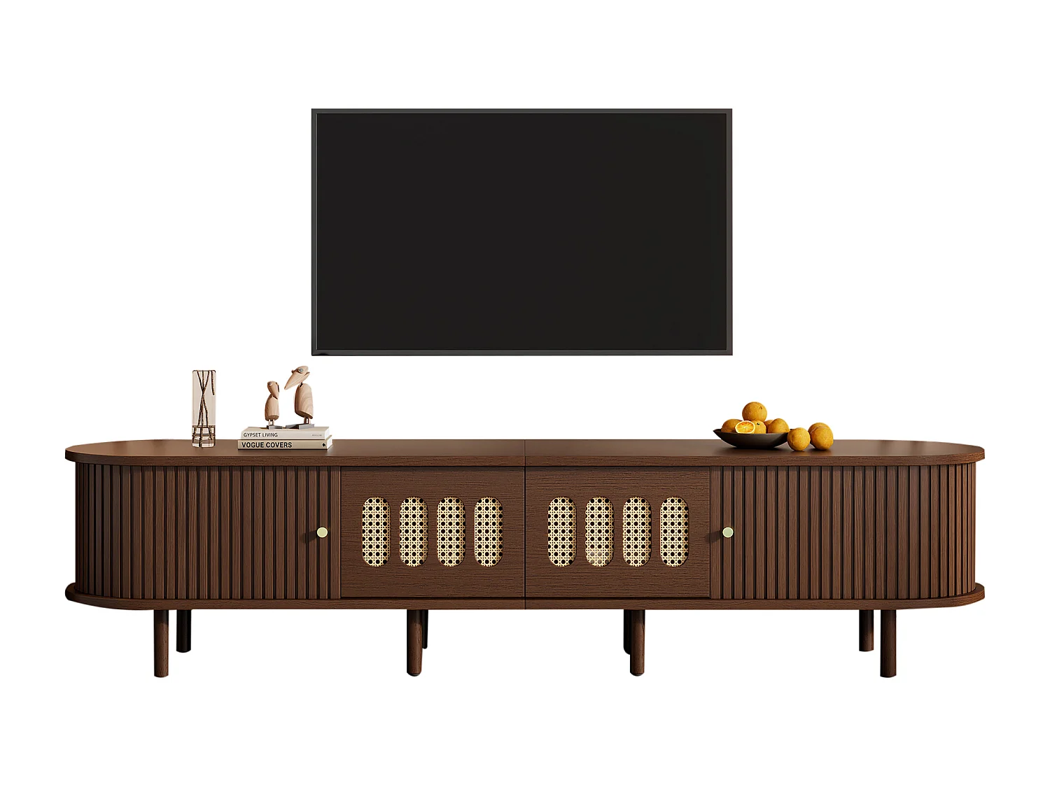 TV-Ständer aus dunklem Walnussholz – 180 x 40 x 40 cm – Rattan-Design – mit Tür und 2 Schubladen – MDF – braun