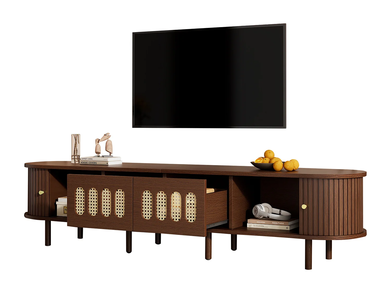 TV-Ständer aus dunklem Walnussholz – 180 x 40 x 40 cm – Rattan-Design – mit Tür und 2 Schubladen – MDF – braun