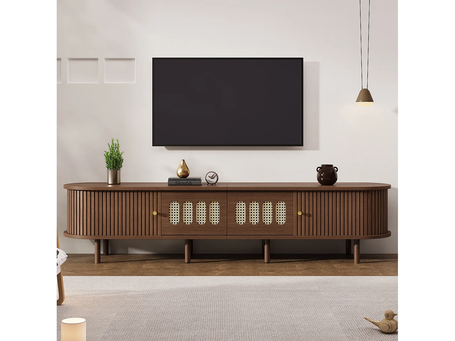 TV-Ständer aus dunklem Walnussholz – 180 x 40 x 40 cm – Rattan-Design – mit Tür und 2 Schubladen – MDF – braun