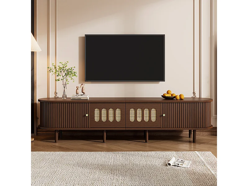 TV-Ständer aus dunklem Walnussholz – 180 x 40 x 40 cm – Rattan-Design – mit Tür und 2 Schubladen – MDF – braun