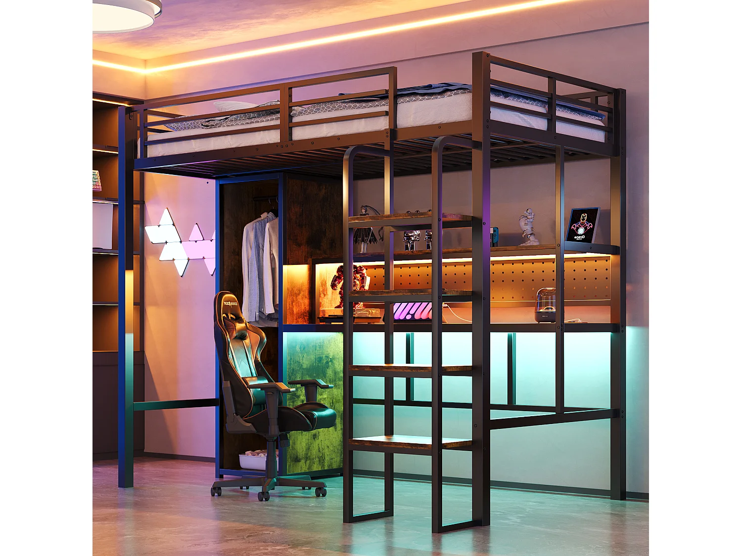 Lit mezzanine en métal pour enfant - 90 x 200 cm - avec armoire + bureau + Leds + étagère - MDF + métal - noir