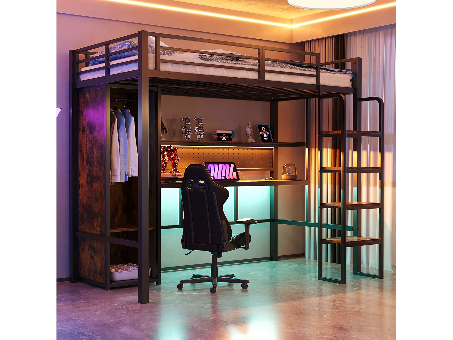 Lit mezzanine en métal pour enfant - 90 x 200 cm - avec armoire + bureau + Leds + étagère - MDF + métal - noir
