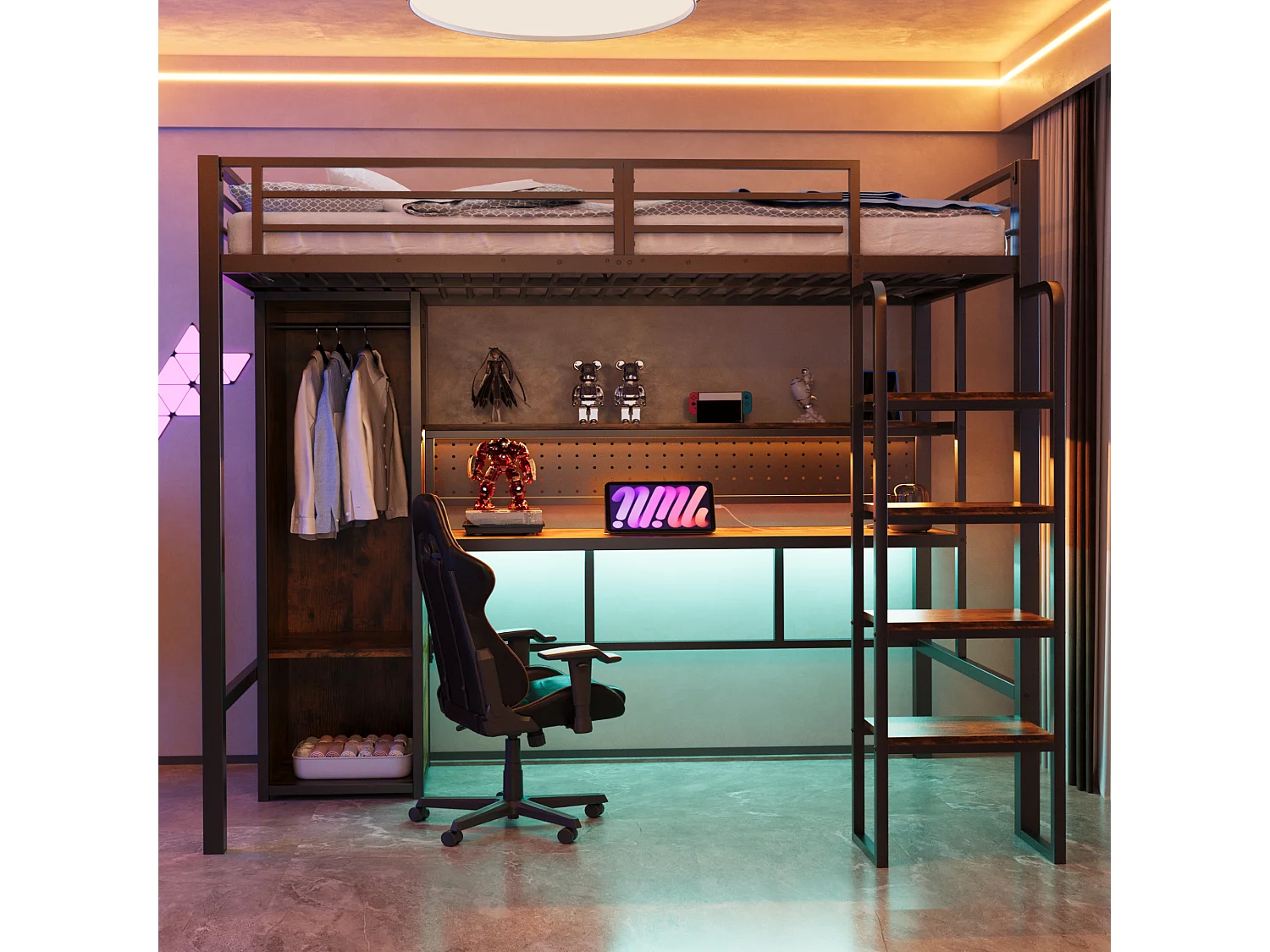 Lit mezzanine en métal pour enfant - 90 x 200 cm - avec armoire + bureau + Leds + étagère - MDF + métal - noir