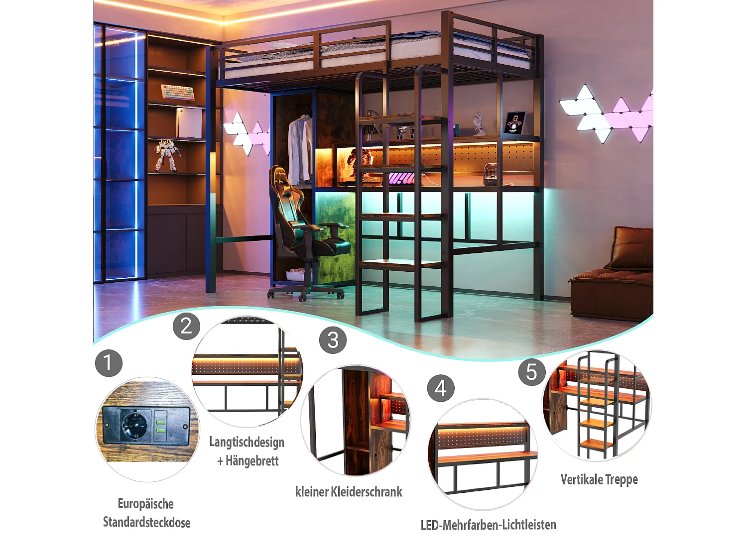 Lit mezzanine en métal pour enfant - 90 x 200 cm - avec armoire + bureau + Leds + étagère - MDF + métal - noir