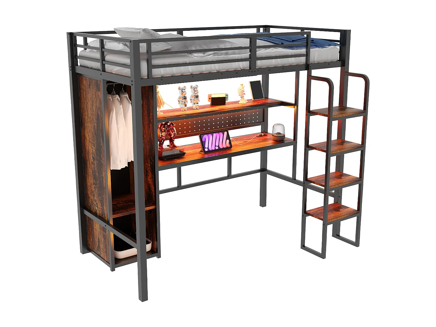 Lit mezzanine en métal pour enfant - 90 x 200 cm - avec armoire + bureau + Leds + étagère - MDF + métal - noir