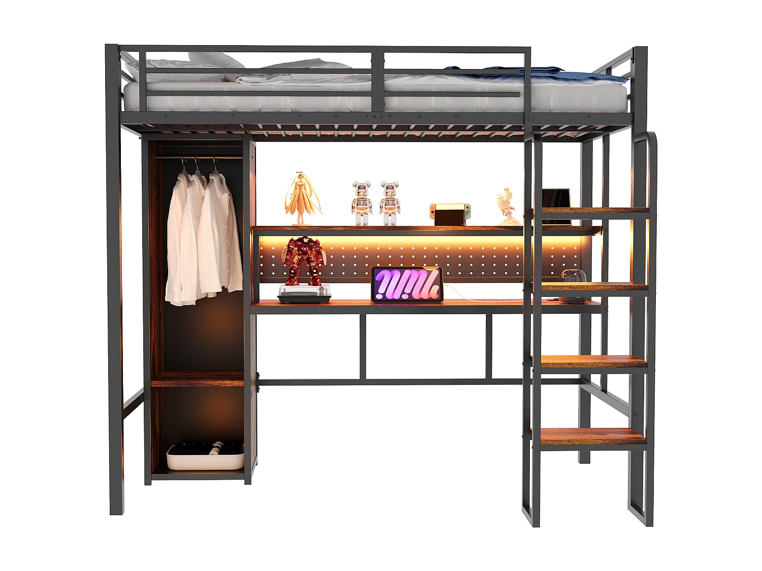 Lit mezzanine en métal pour enfant - 90 x 200 cm - avec armoire + bureau + Leds + étagère - MDF + métal - noir