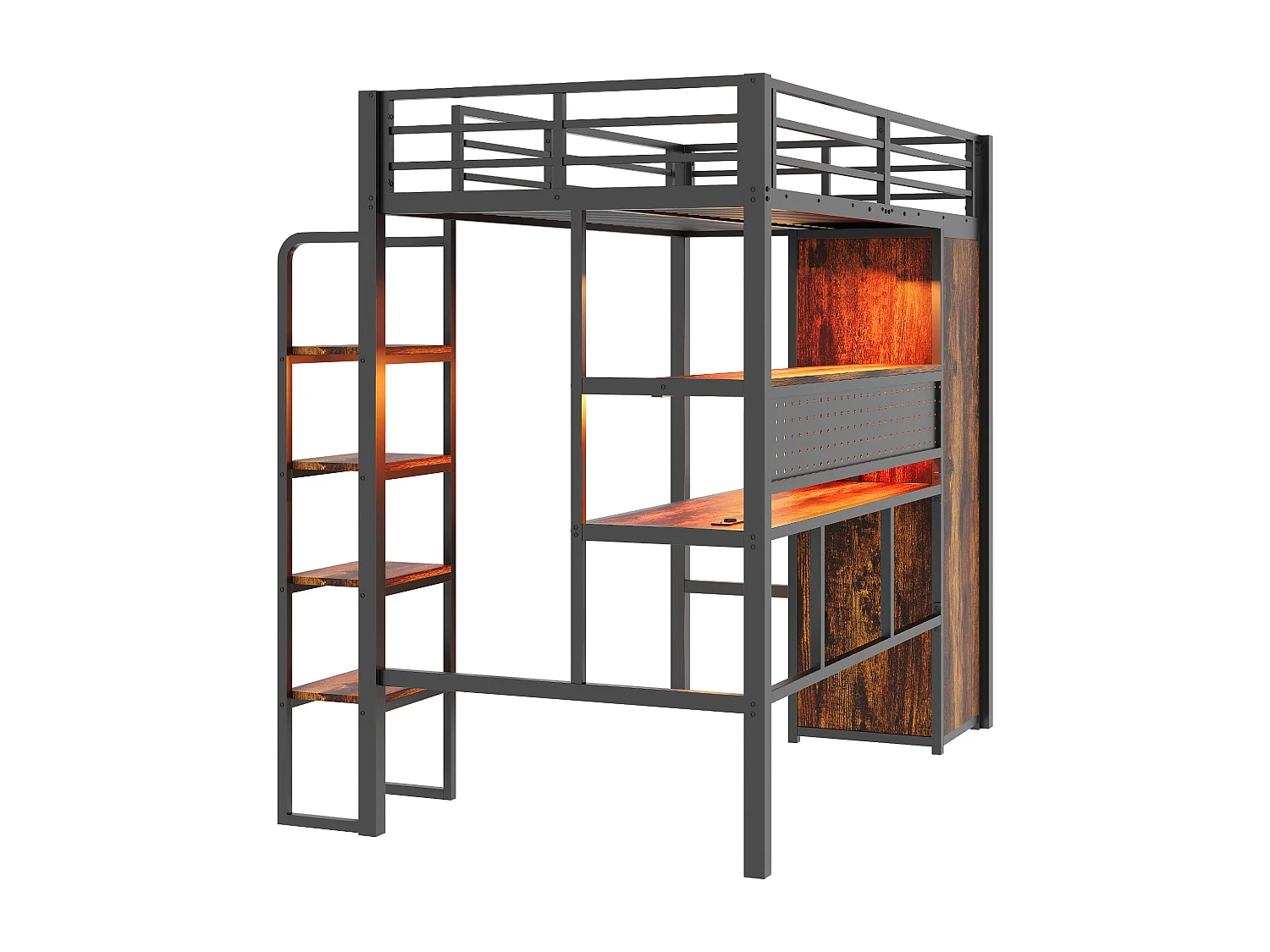 Lit mezzanine en métal pour enfant - 90 x 200 cm - avec armoire + bureau + Leds + étagère - MDF + métal - noir