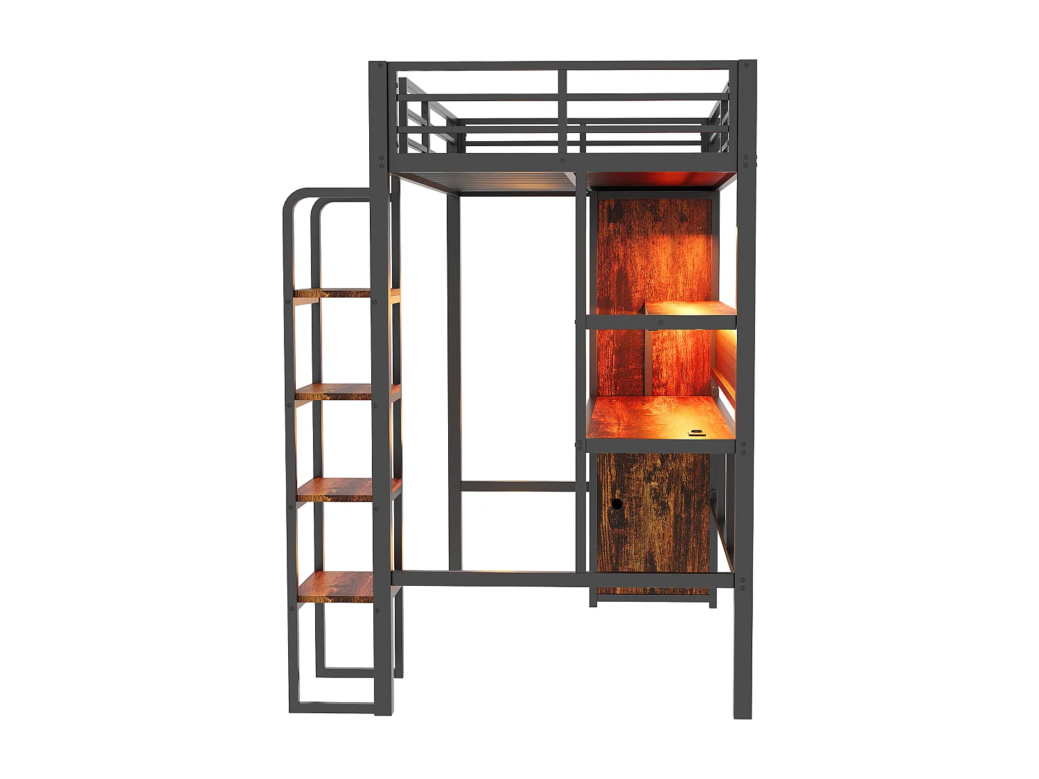 Lit mezzanine en métal pour enfant - 90 x 200 cm - avec armoire + bureau + Leds + étagère - MDF + métal - noir