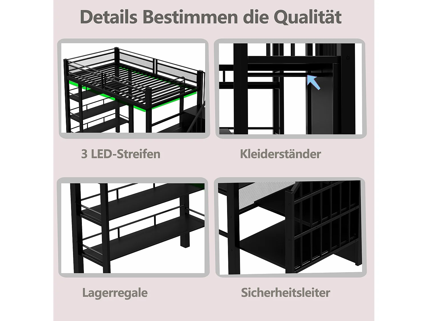 Lit mezzanine en métal pour enfant - 90 x 200 cm - avec Leds + prise + étagère de rangement + bureau - métal - noir