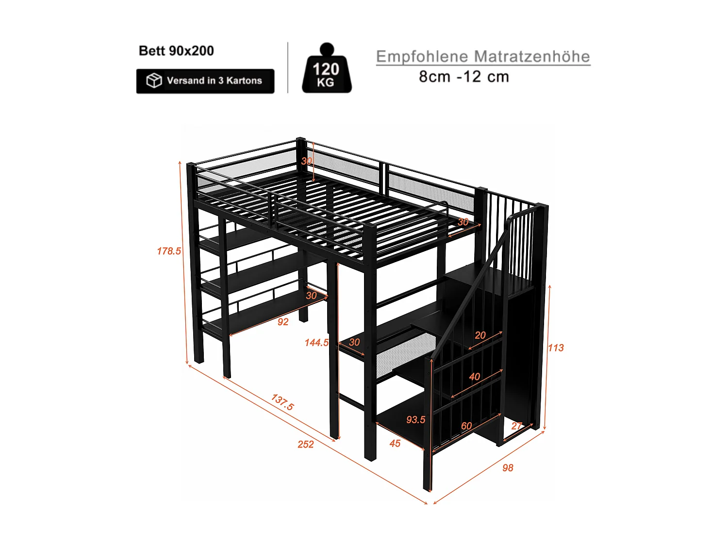Lit mezzanine en métal pour enfant - 90 x 200 cm - avec Leds + prise + étagère de rangement + bureau - métal - noir
