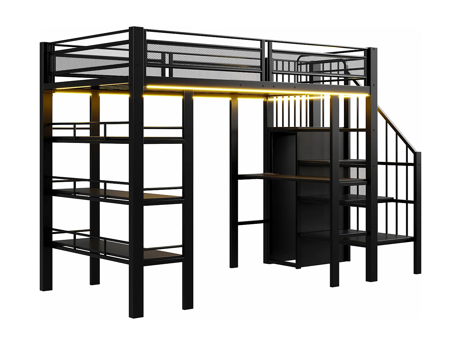 Lit mezzanine en métal pour enfant - 90 x 200 cm - avec Leds + prise + étagère de rangement + bureau - métal - noir