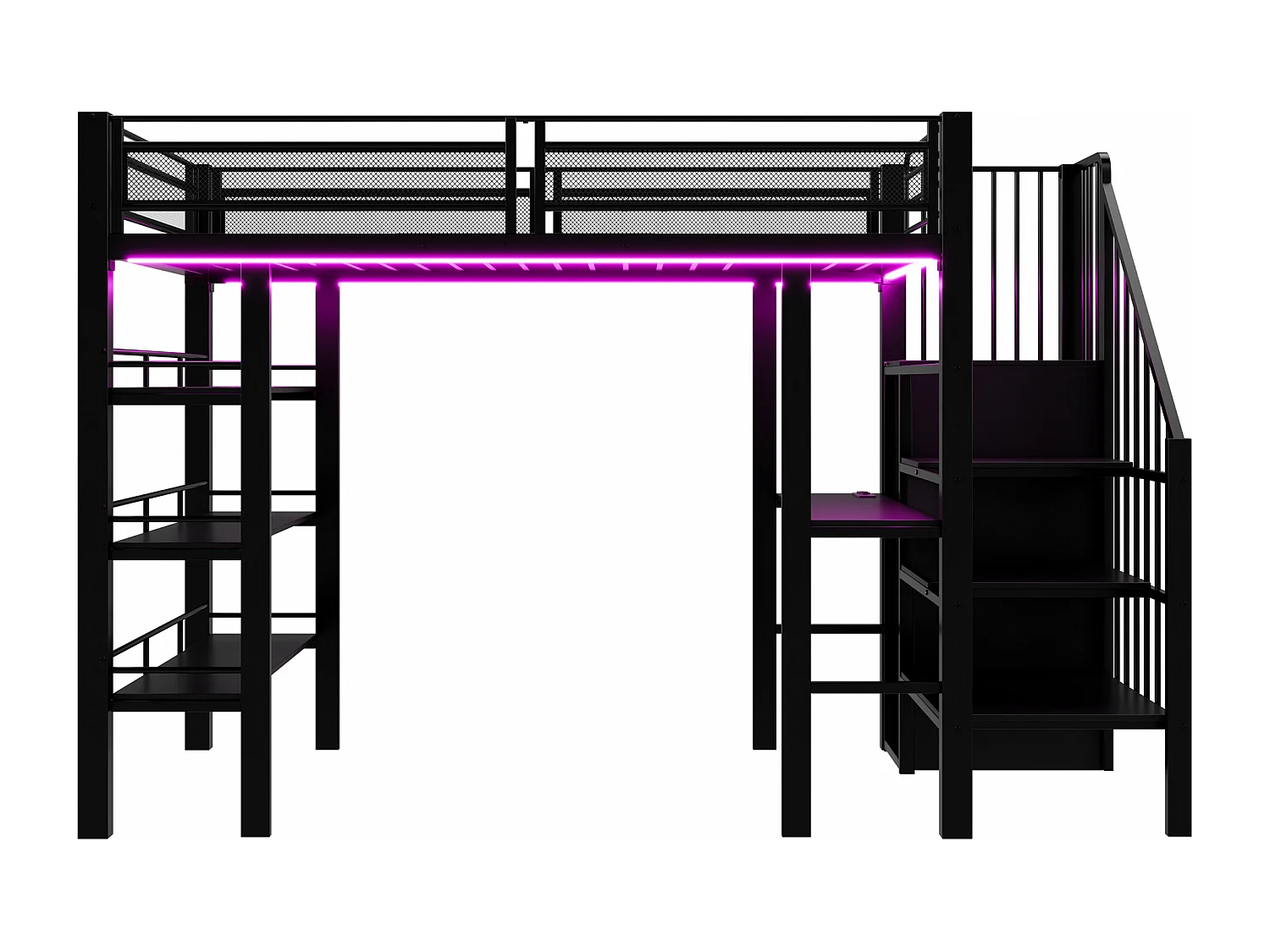 Lit mezzanine en métal pour enfant - 90 x 200 cm - avec Leds + prise + étagère de rangement + bureau - métal - noir