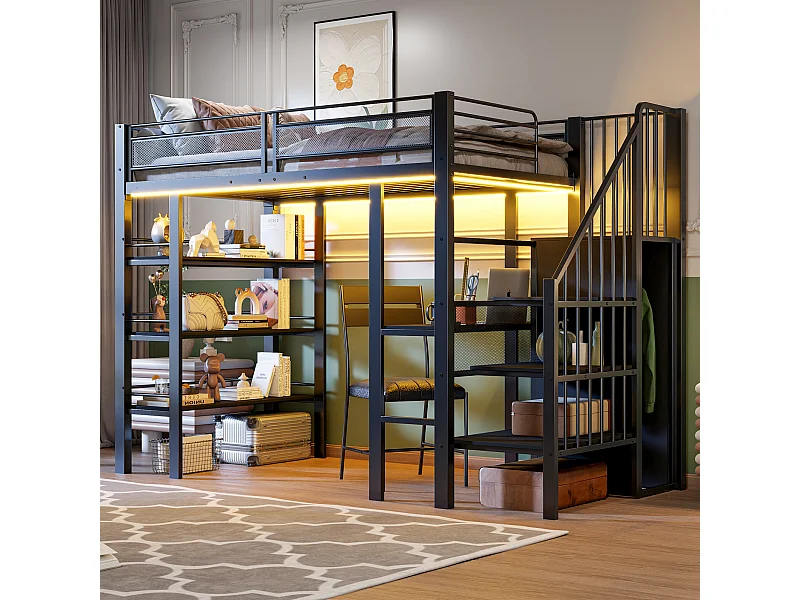 Lit mezzanine en métal pour enfant - 90 x 200 cm - avec Leds + prise + étagère de rangement + bureau - métal - noir