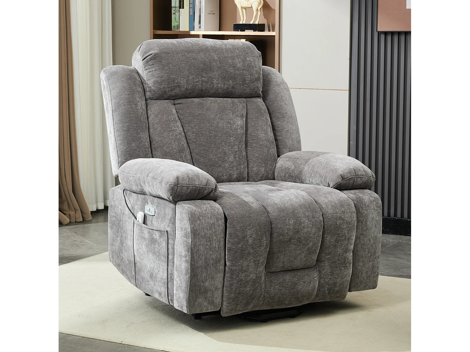 Fotel masujący elektryczny - 95 x 94 x 107 cm - z 8-punktowym masażem + funkcją podgrzewania i podnoszenia - materiałowy - szary